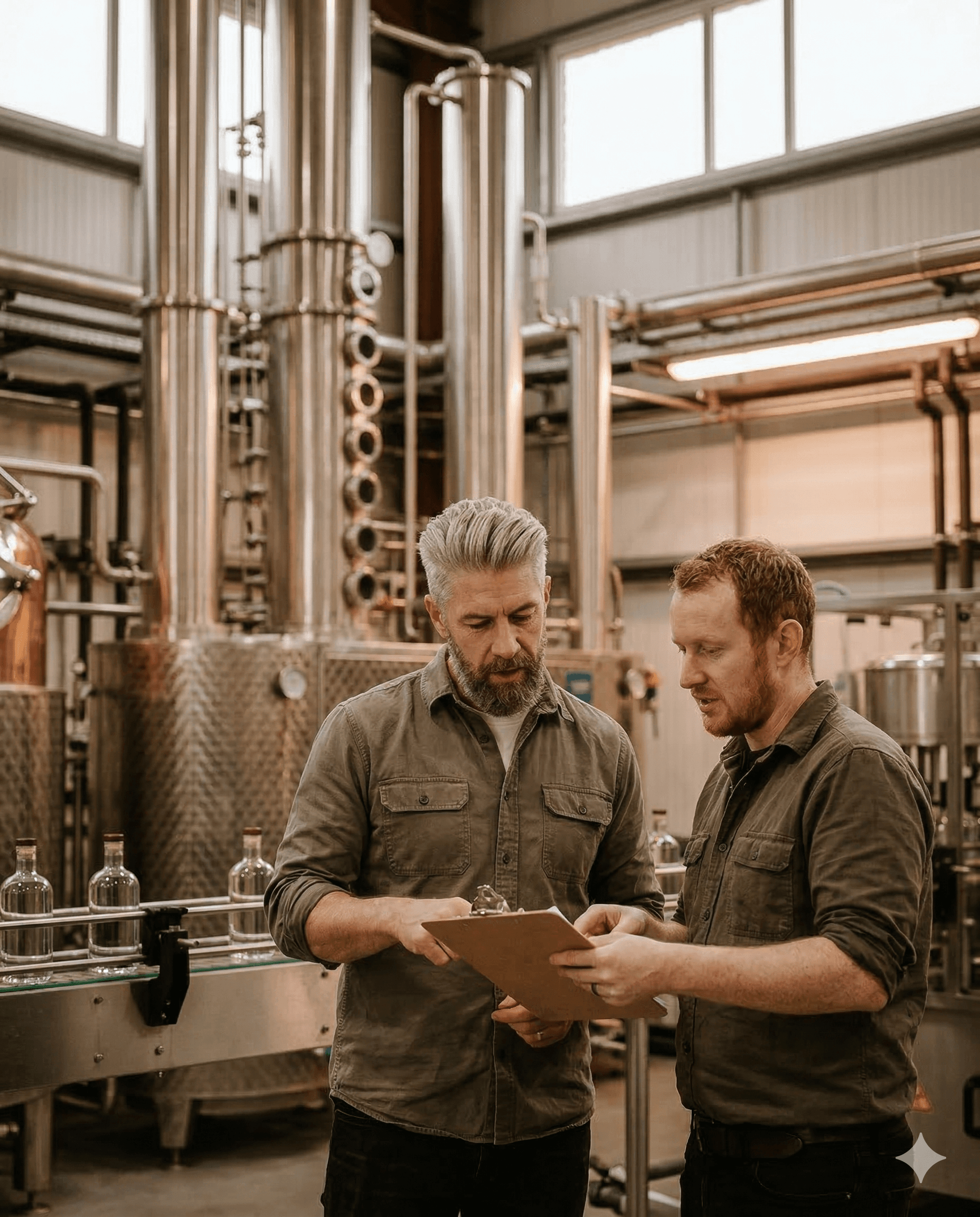 Hunter Harris team on the production floor — master distiller and beverages maker